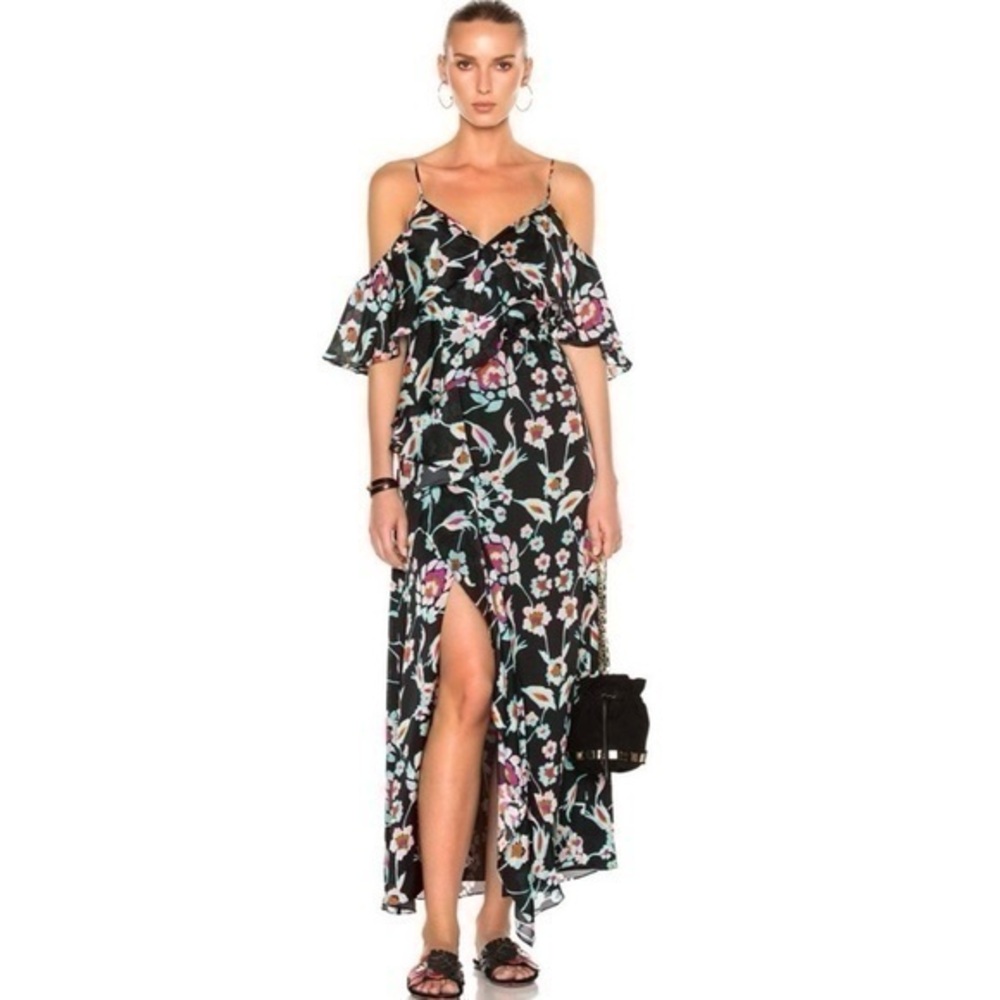 Tanya Taylor Lorena Mosaic Floral Silk Surplice Flounce Cold Shoulder Maxi Dress